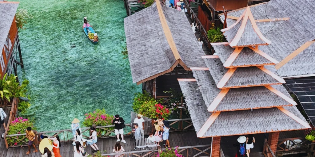 A top-down view showcasing the charming architecture of Mabul Water Bungalow