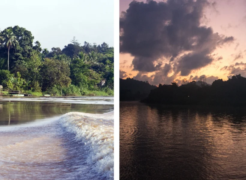 split layout showing the Kinabatangan River under bright daylight (left) and glowing orange hues at sunset (right) in Sandakan, Sabah.