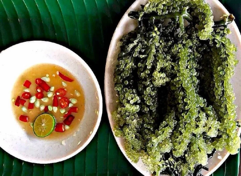 Plate of latok seaweed served with spicy sambal dip