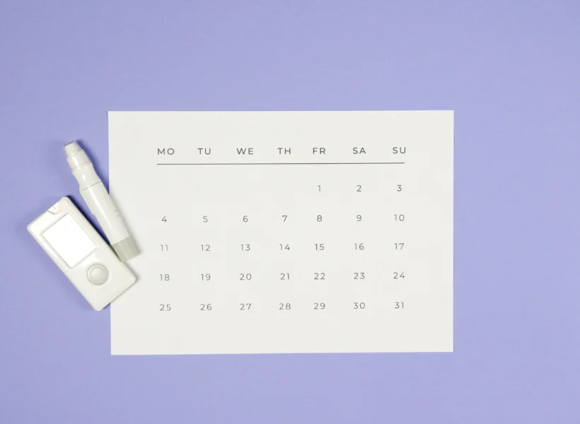 calendar placed on a table, with a marker and music player next to it