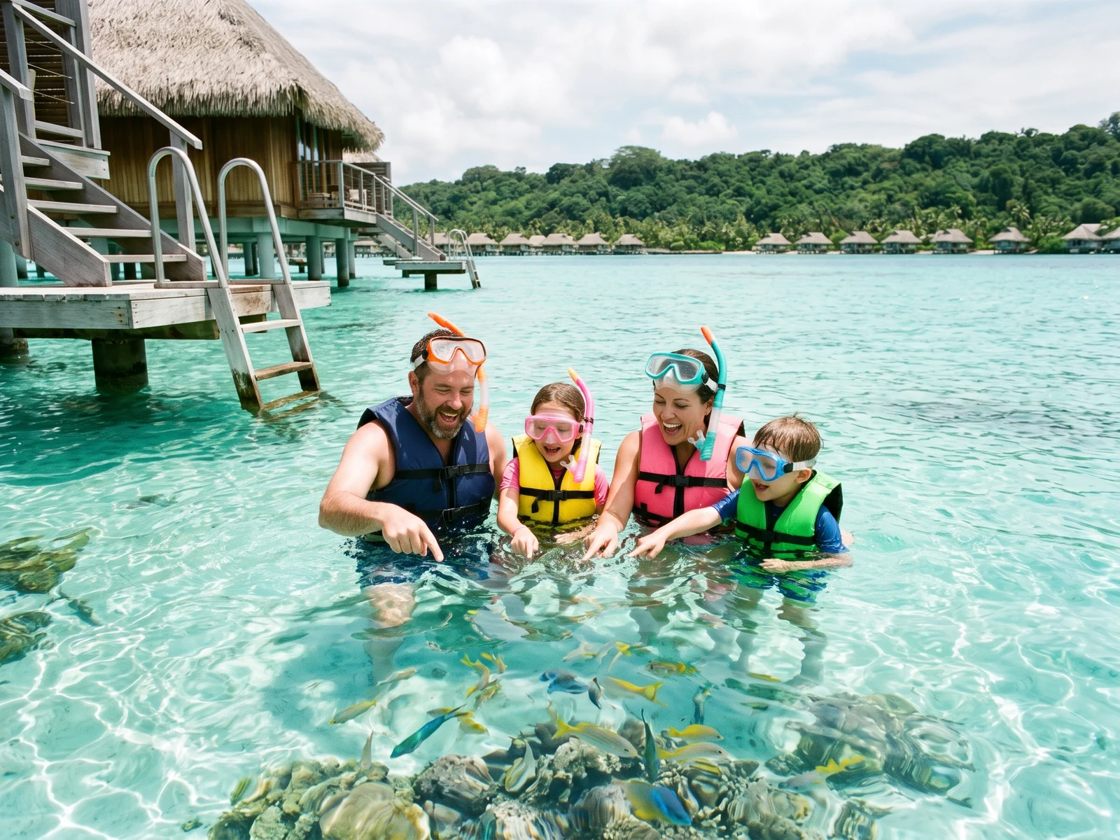 Family of four wearing life vests and snorkel masks floating together in clear turquoise shallows beside the wooden steps of a thatched overwater villa, pointing at tropical fish below, Mabul Island, Sabah.