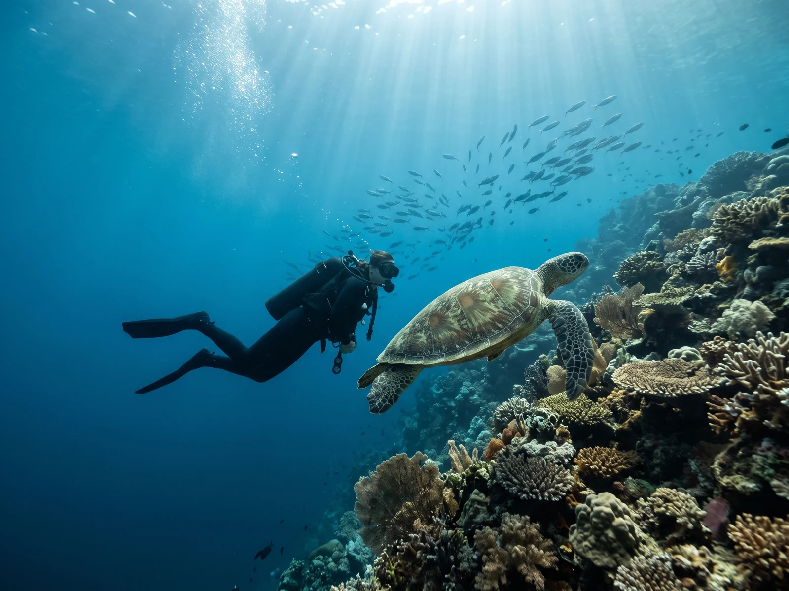 Scuba diver in a black wetsuit swimming beside a large green sea turtle over a vibrant coral reef wall, sunbeams piercing deep blue tropical water, Sipadan, Sabah.