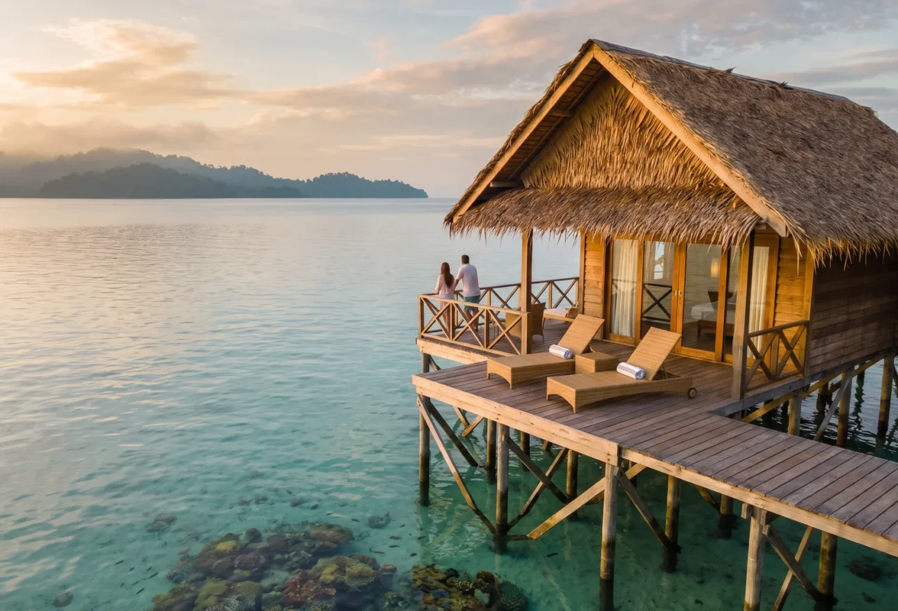 Couple in resort wear relaxing at the railing of a thatched overwater villa's wooden deck above clear turquoise water at golden hour, a misty jungle island on the horizon, Sabah, Borneo.