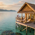 Couple in resort wear relaxing at the railing of a thatched overwater villa's wooden deck above clear turquoise water at golden hour, a misty jungle island on the horizon, Sabah, Borneo.