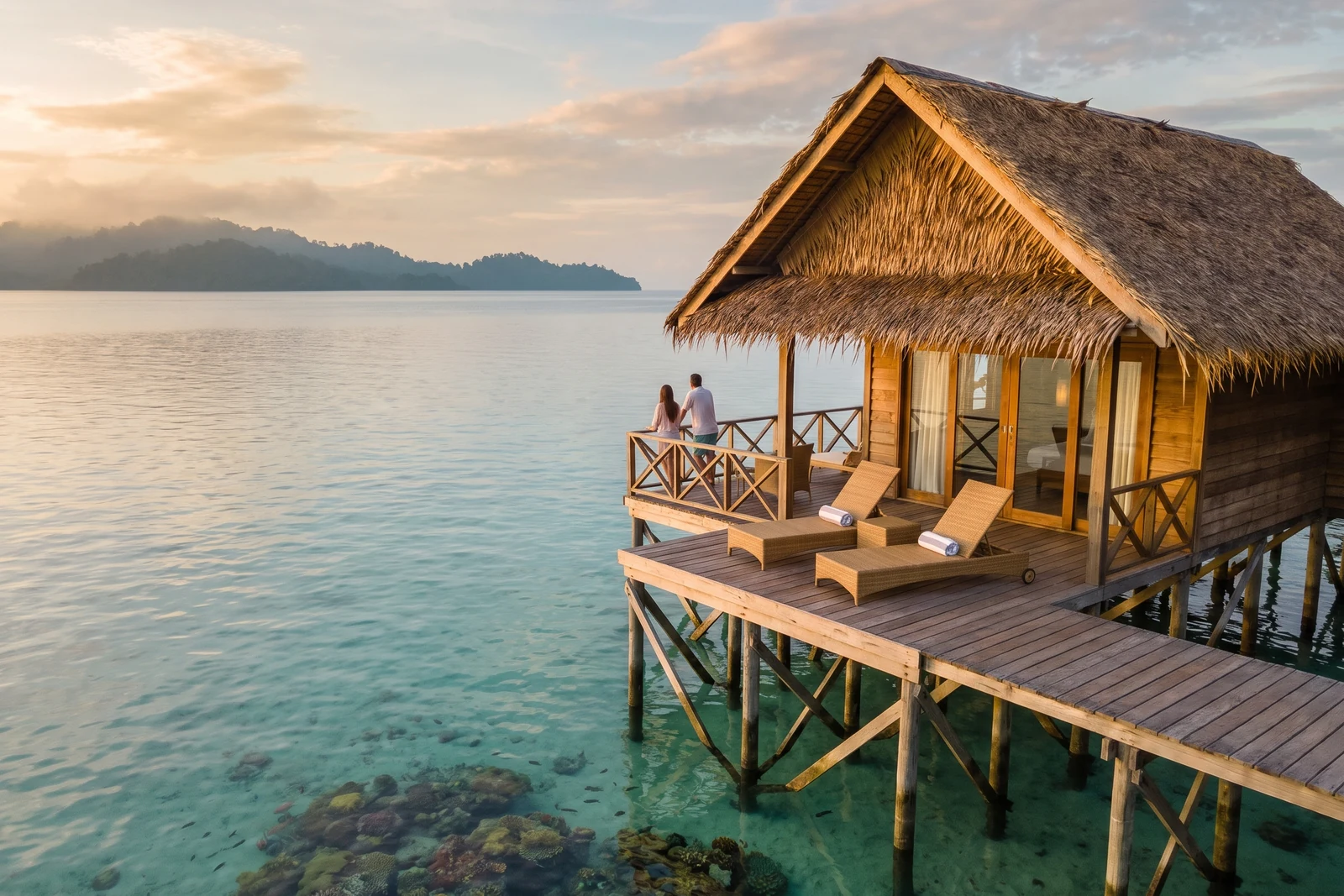 How Do You Dive Sipadan in 2026? Luxury Mabul and Kapalai Dive Resort Packages, Permits and Prices 1 Couple in resort wear relaxing at the railing of a thatched overwater villa's wooden deck above clear turquoise water at golden hour, a misty jungle island on the horizon, Sabah, Borneo.