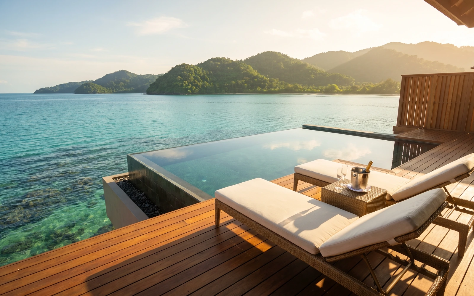 Sabah Honeymoon Tour Packages — Luxury Overwater Villa Balcony and Turquoise Ocean Panorama in Sabah Borneo | Milas Travel & Tours