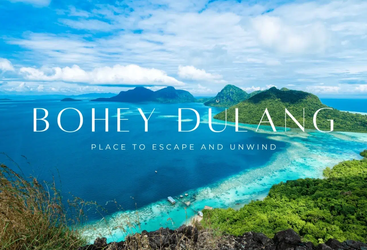 Semporna island hopping panoramic aerial view of Bohey Dulang lagoon and tropical islands in Sabah